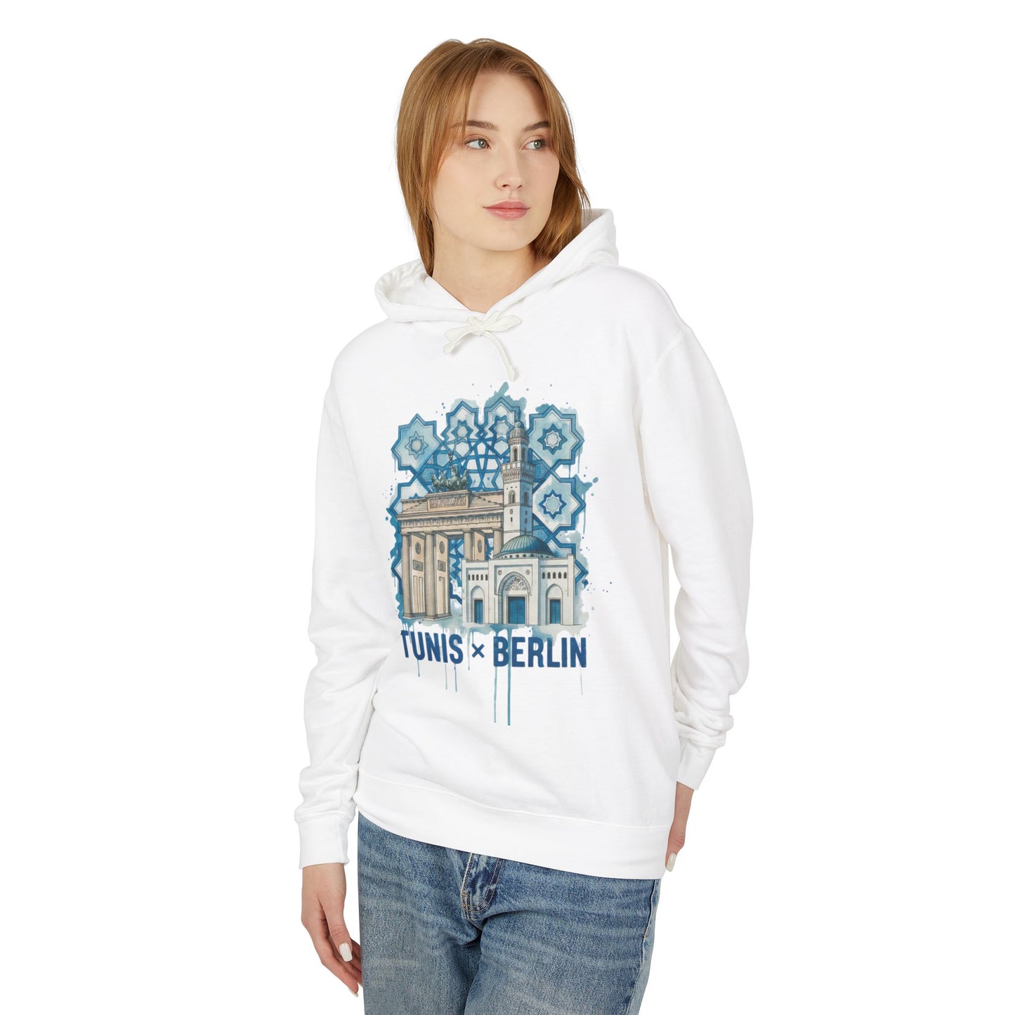 Tunis × Berlin Hoodie — Travel Mashup Graphic Hooded Sweatshirt