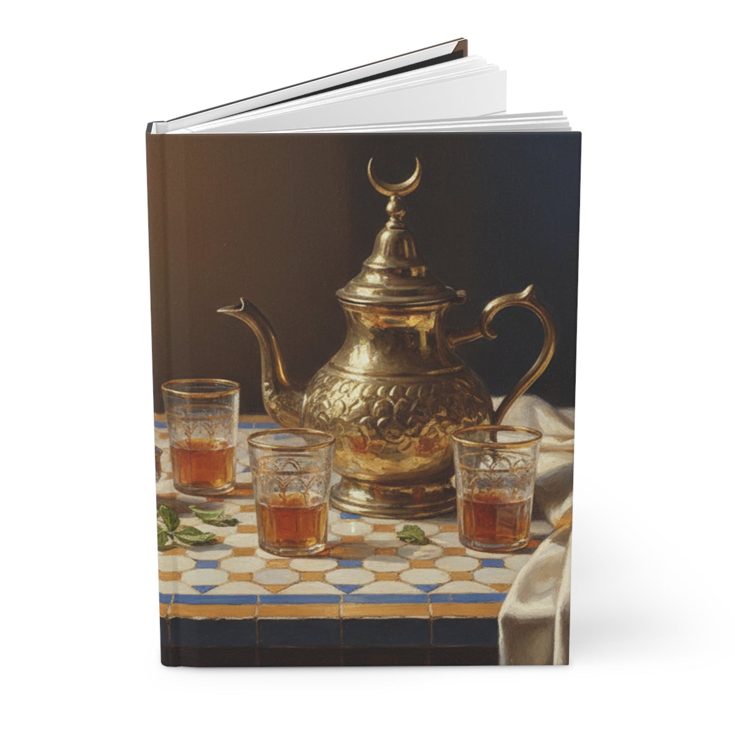 Moroccan Tea Set Hardcover Journal — Vintage Brass Teapot & Glasses Notebook