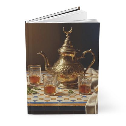 Moroccan Tea Set Hardcover Journal — Vintage Brass Teapot & Glasses Notebook