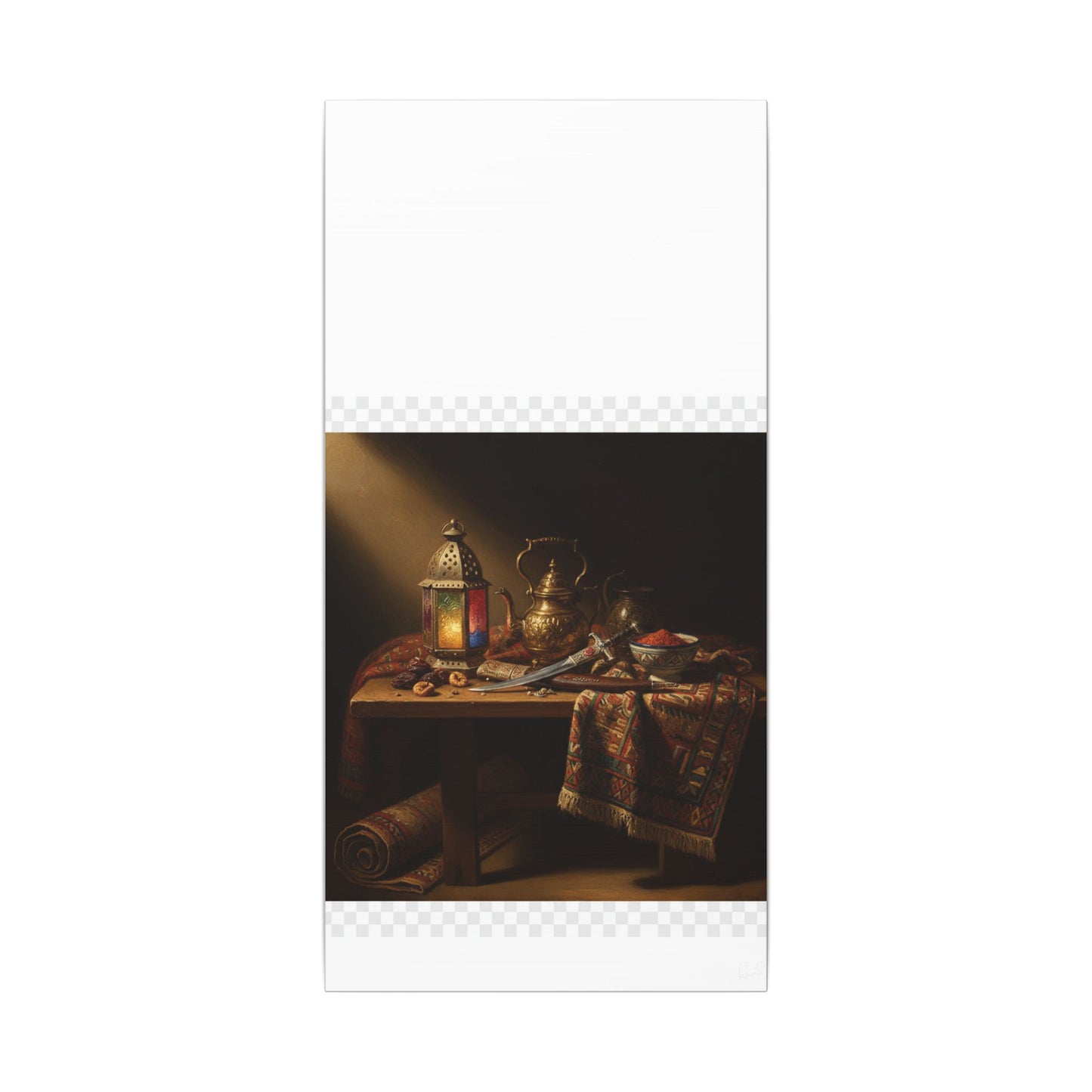 Oriental Still Life Canvas — Vintage Brass Teapot & Lantern Wall Art