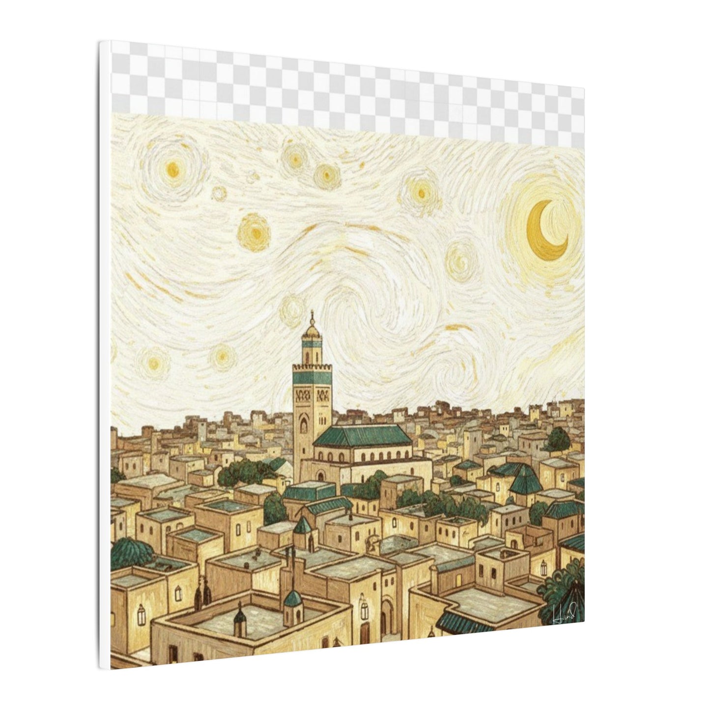 Moroccan Cityscape Canvas Print — Starry Night-Inspired Mosque Wall Art