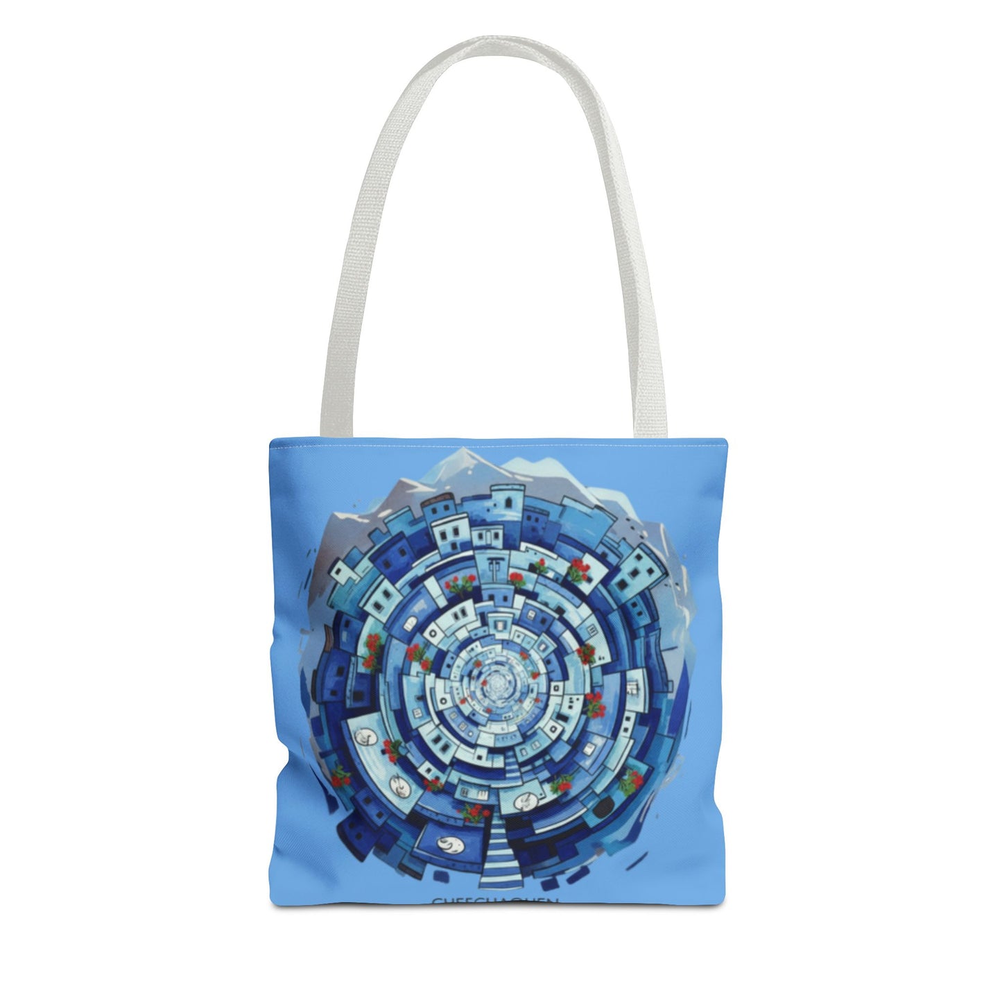 Blue Circular Cityscape Tote Bag — Abstract Urban Spiral All-Over Print Tote