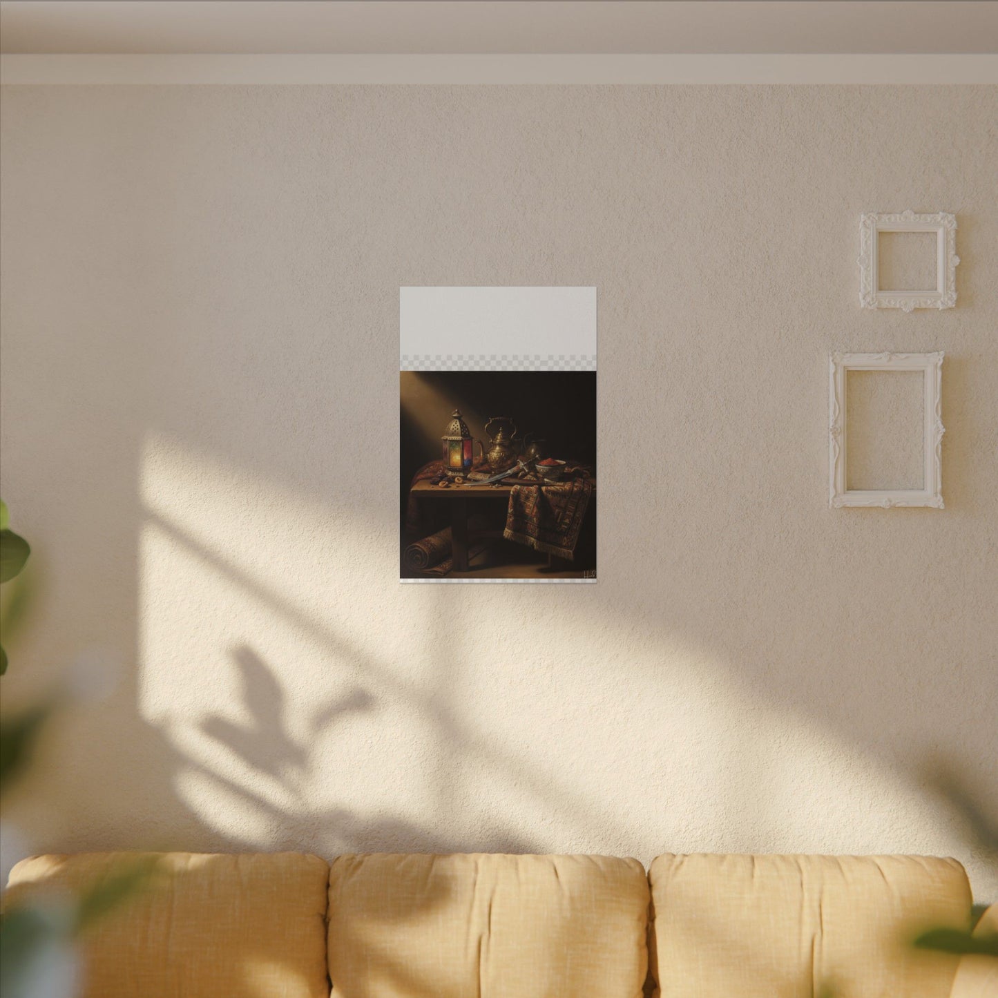 Oriental Still Life Canvas — Vintage Brass Teapot & Lantern Wall Art