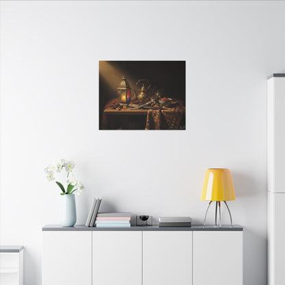 Oriental Still Life Canvas — Vintage Brass Teapot & Lantern Wall Art