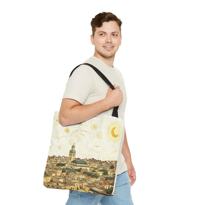 Starry Night Cityscape Tote Bag — Vintage Moroccan Skyline All-Over Print