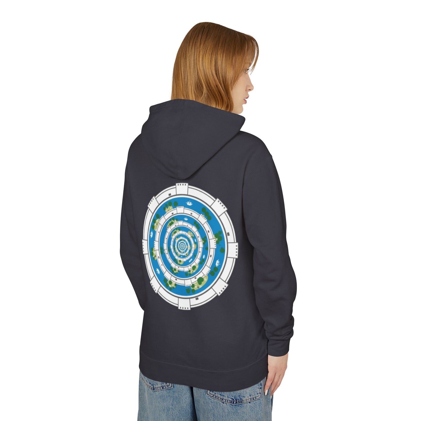 Circular World Map Hoodie — Planet Orbit Graphic Lightweight Hooded Sweatshirt