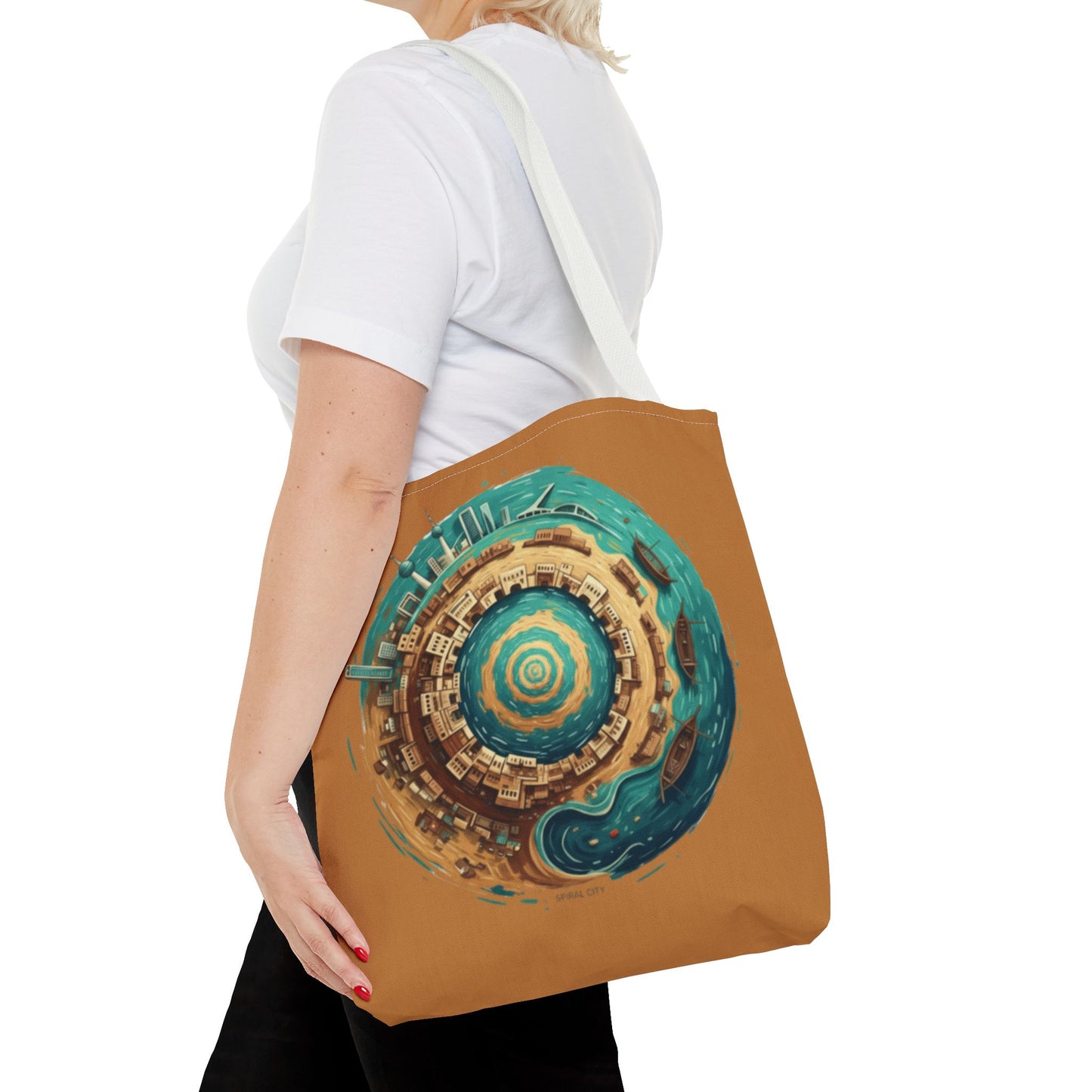 Round Cityscape Tote Bag — Abstract Turquoise & Gold Planet Design