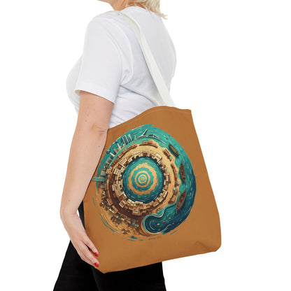 Round Cityscape Tote Bag — Abstract Turquoise & Gold Planet Design