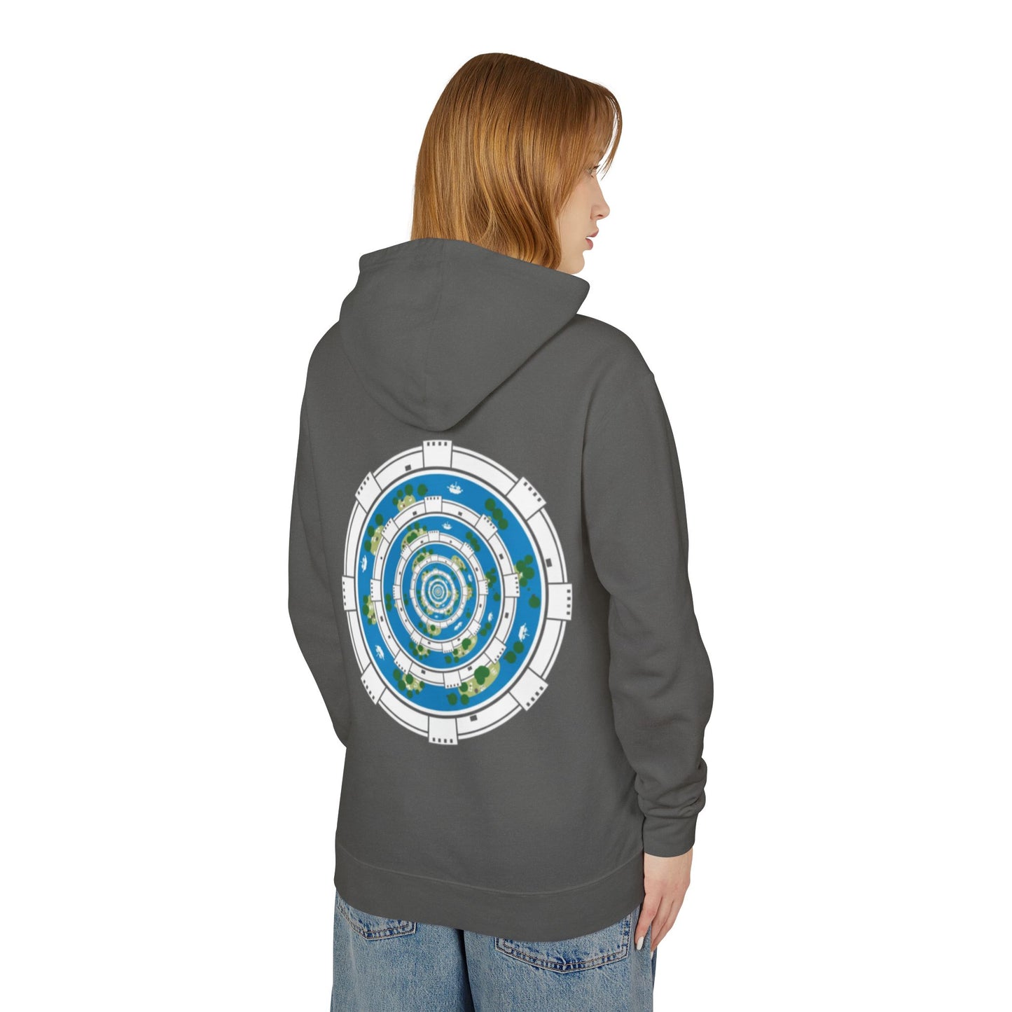 Circular World Map Hoodie — Planet Orbit Graphic Lightweight Hooded Sweatshirt
