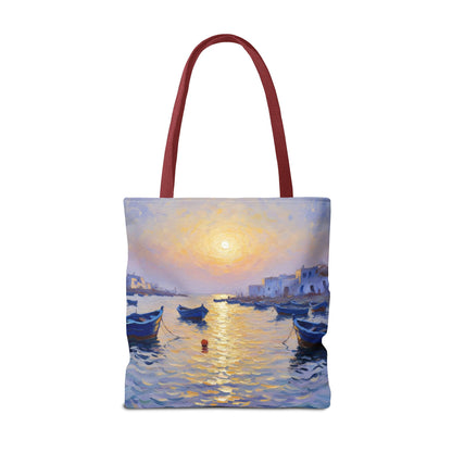 Sunset Harbor Tote Bag - Seaside Boats Art Print