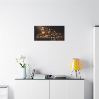 Oriental Still Life Canvas — Vintage Brass Teapot & Lantern Wall Art