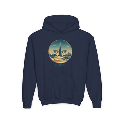 Dubai Skyline Youth Hoodie — Retro Desert Sunset Travel Sweatshirt