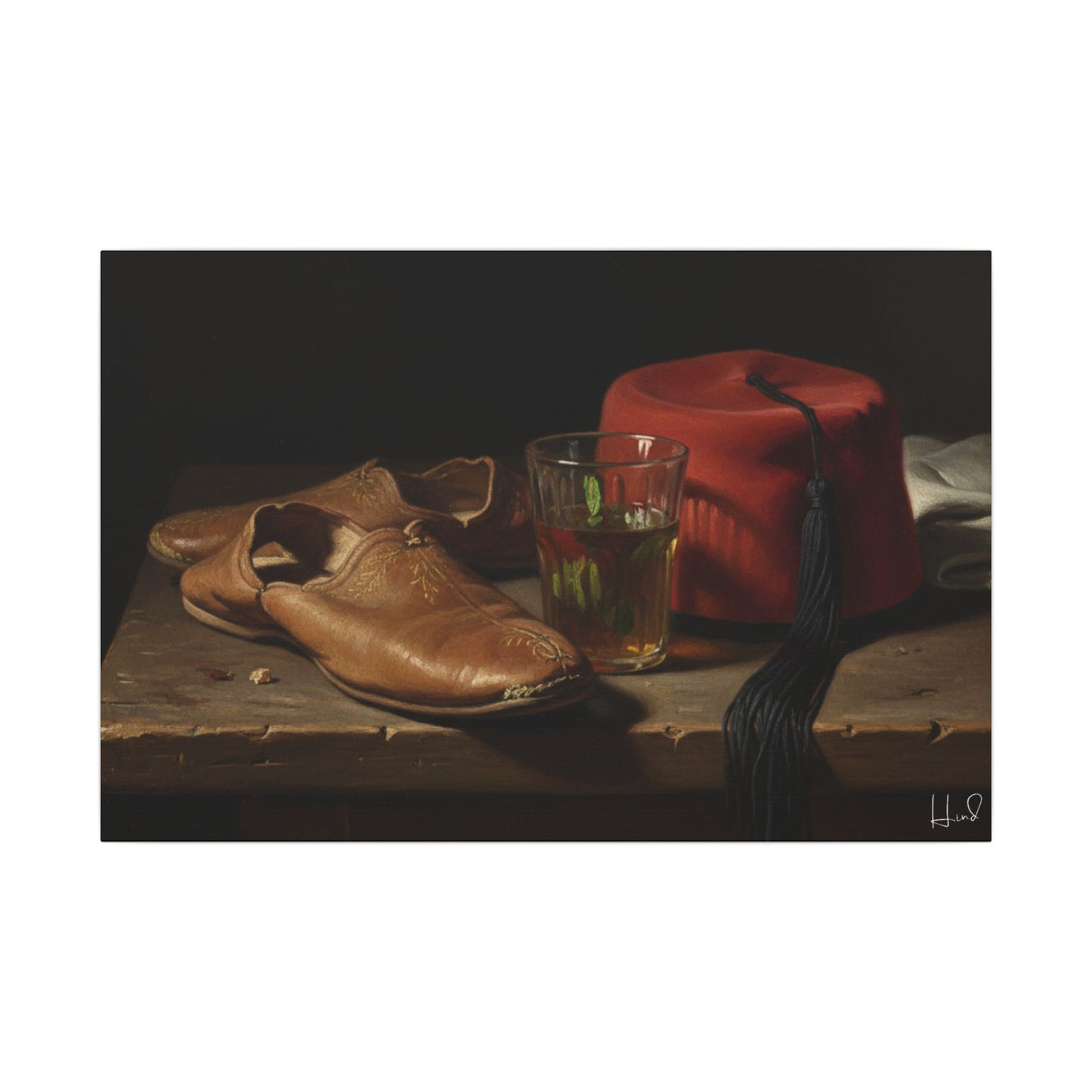 Still Life Canvas Print — Leather Shoes & Red Fez Wall Art