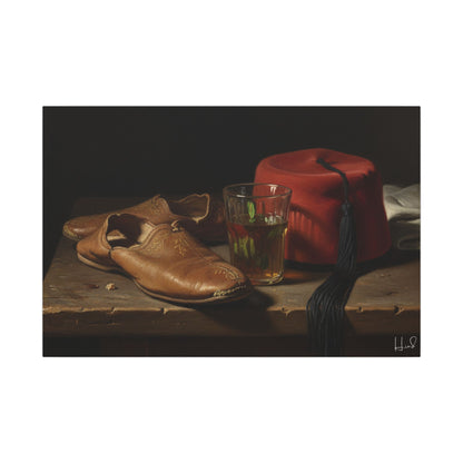 Still Life Canvas Print — Leather Shoes & Red Fez Wall Art
