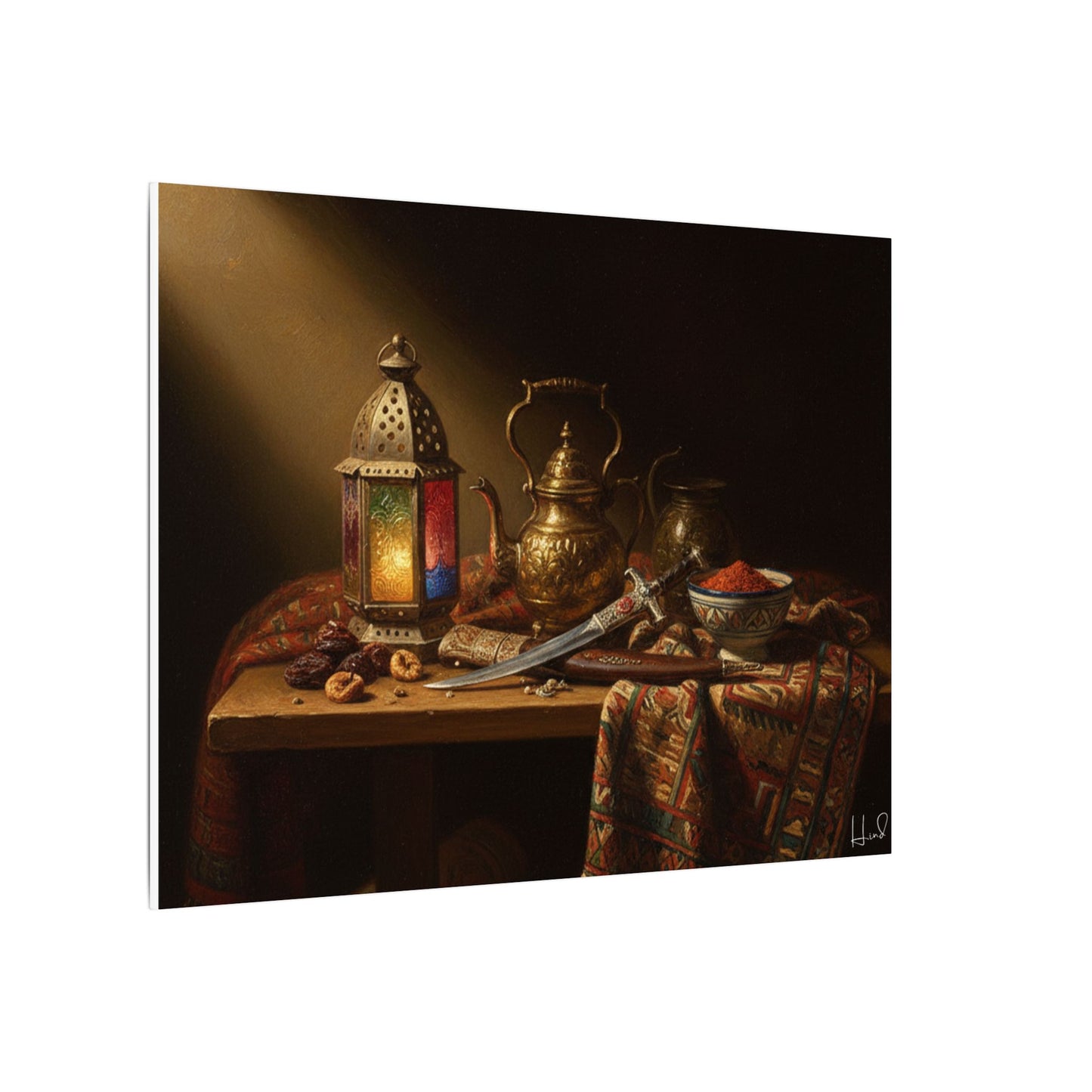 Oriental Still Life Canvas — Vintage Brass Teapot & Lantern Wall Art