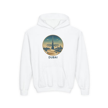Dubai Skyline Youth Hoodie — Retro Desert Sunset Travel Sweatshirt
