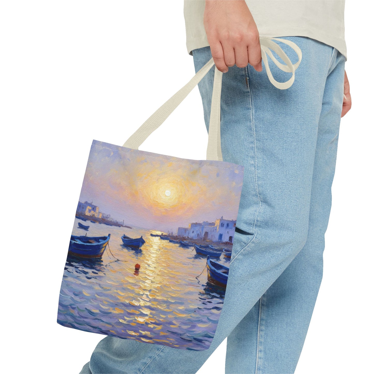 Sunset Harbor Tote Bag - Seaside Boats Art Print
