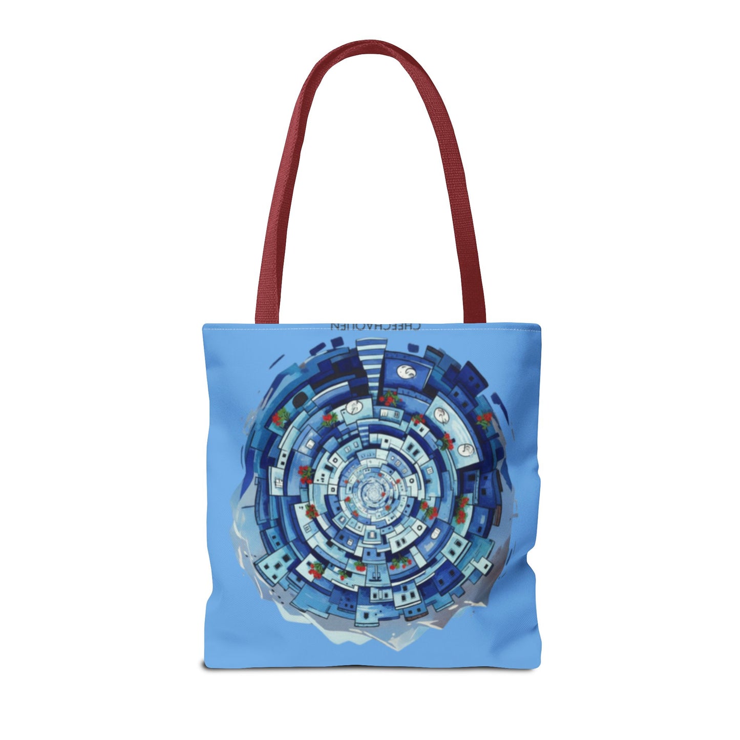 Blue Circular Cityscape Tote Bag — Abstract Urban Spiral All-Over Print Tote