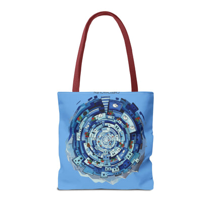 Blue Circular Cityscape Tote Bag — Abstract Urban Spiral All-Over Print Tote
