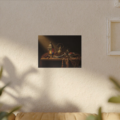 Oriental Still Life Canvas — Vintage Brass Teapot & Lantern Wall Art