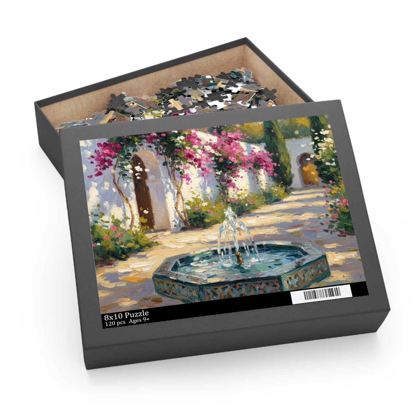 Mediterranean Courtyard Puzzle — Fountain & Bougainvillea 120/252/500-Piece Jigsaw