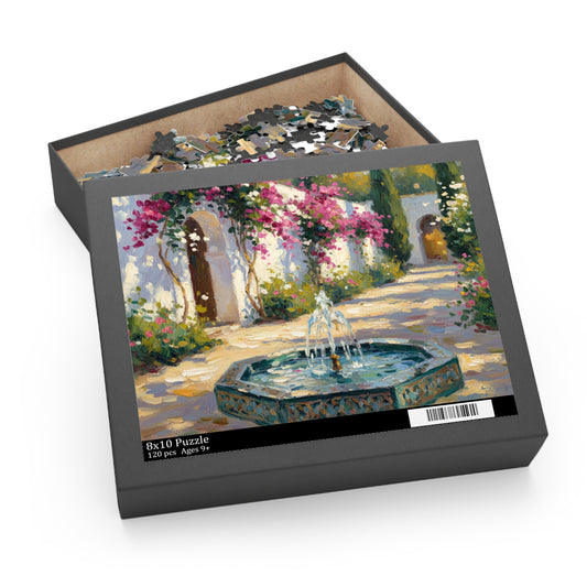 Mediterranean Courtyard Puzzle — Fountain & Bougainvillea 120/252/500-Piece Jigsaw