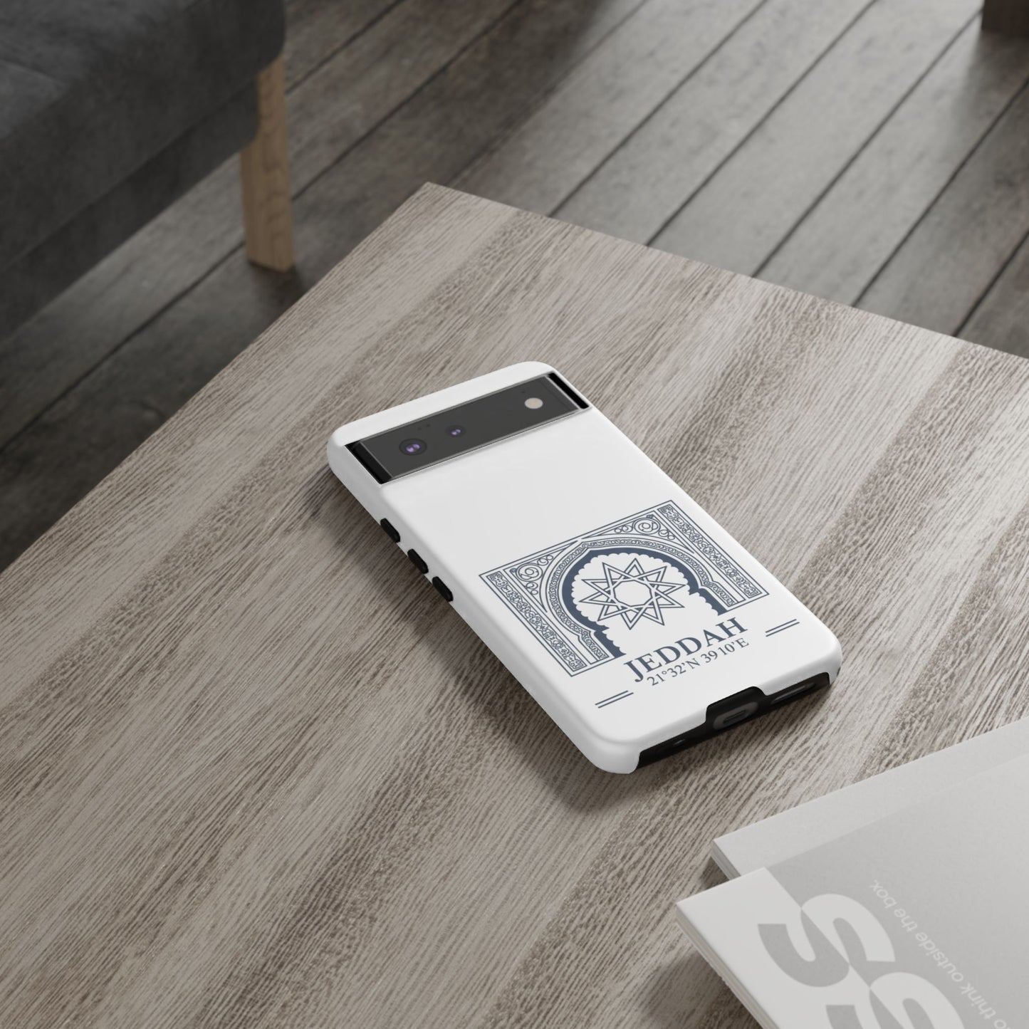 Jeddah Coordinates Phone Case — Arabic Arch Geometric Design