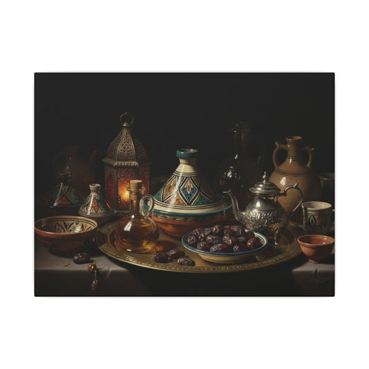 Moroccan Still Life Matte Canvas Wall Art — Tagine, Dates & Lantern Décor
