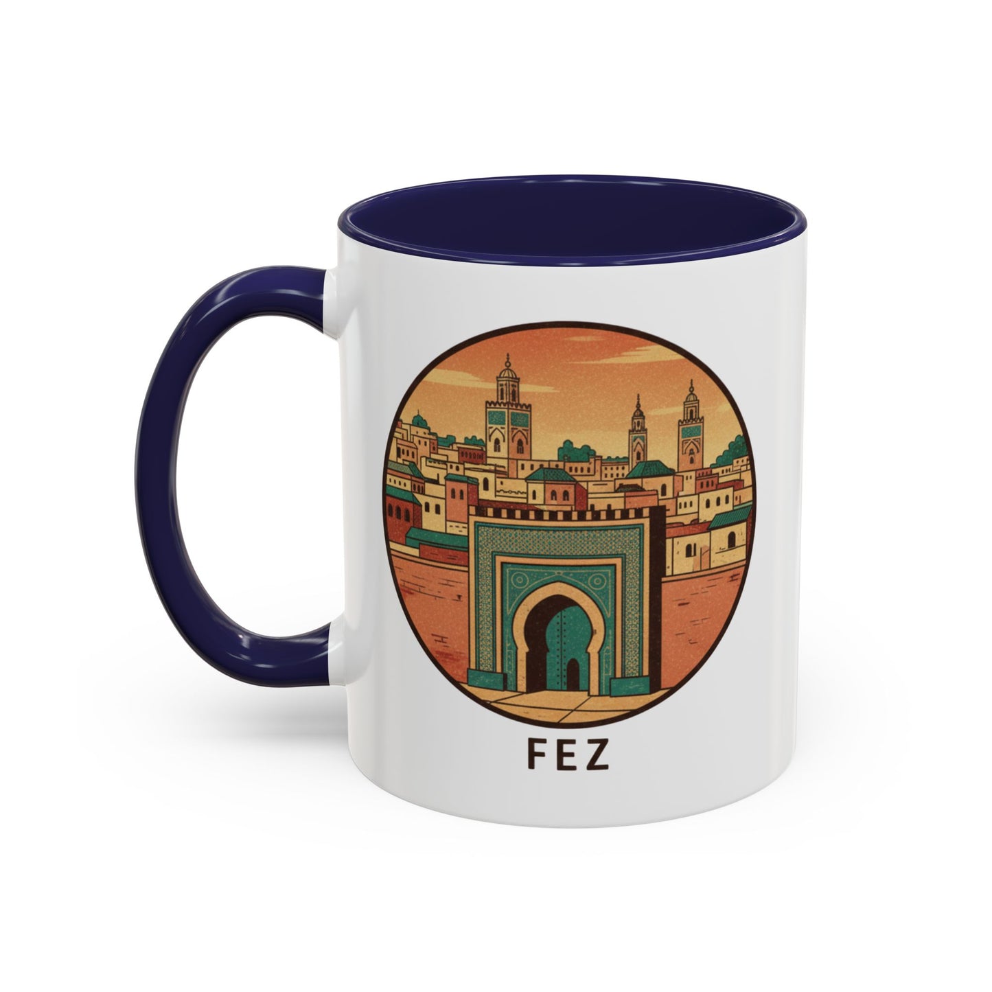 Mug à café Fez Landmark Accent — Souvenir de voyage représentant un paysage urbain marocain (11/15 oz)