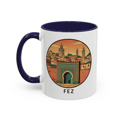 Mug à café Fez Landmark Accent — Souvenir de voyage représentant un paysage urbain marocain (11/15 oz)