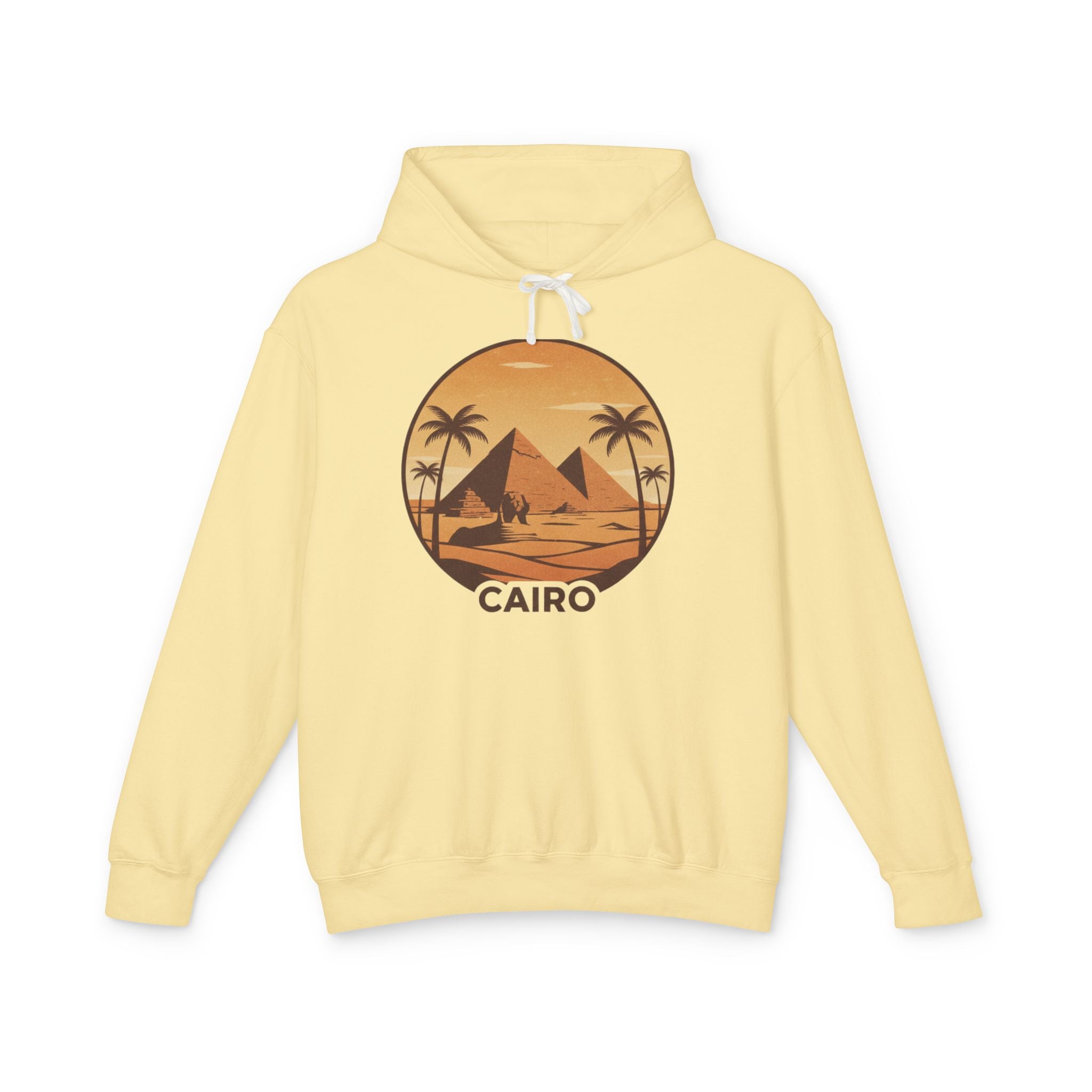 Cairo Sunset Hoodie — Vintage Pyramids Palm Tree Travel Sweatshirt