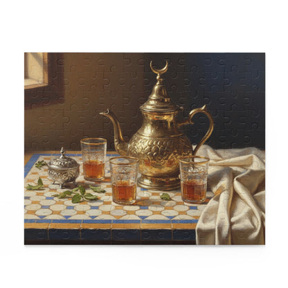 Moroccan Tea Set Jigsaw Puzzle — Vintage Brass Teapot & Glasses (120/252/500 pcs)