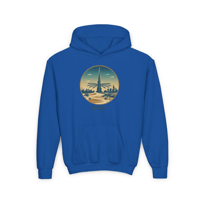 Dubai Skyline Youth Hoodie — Retro Desert Sunset Travel Sweatshirt