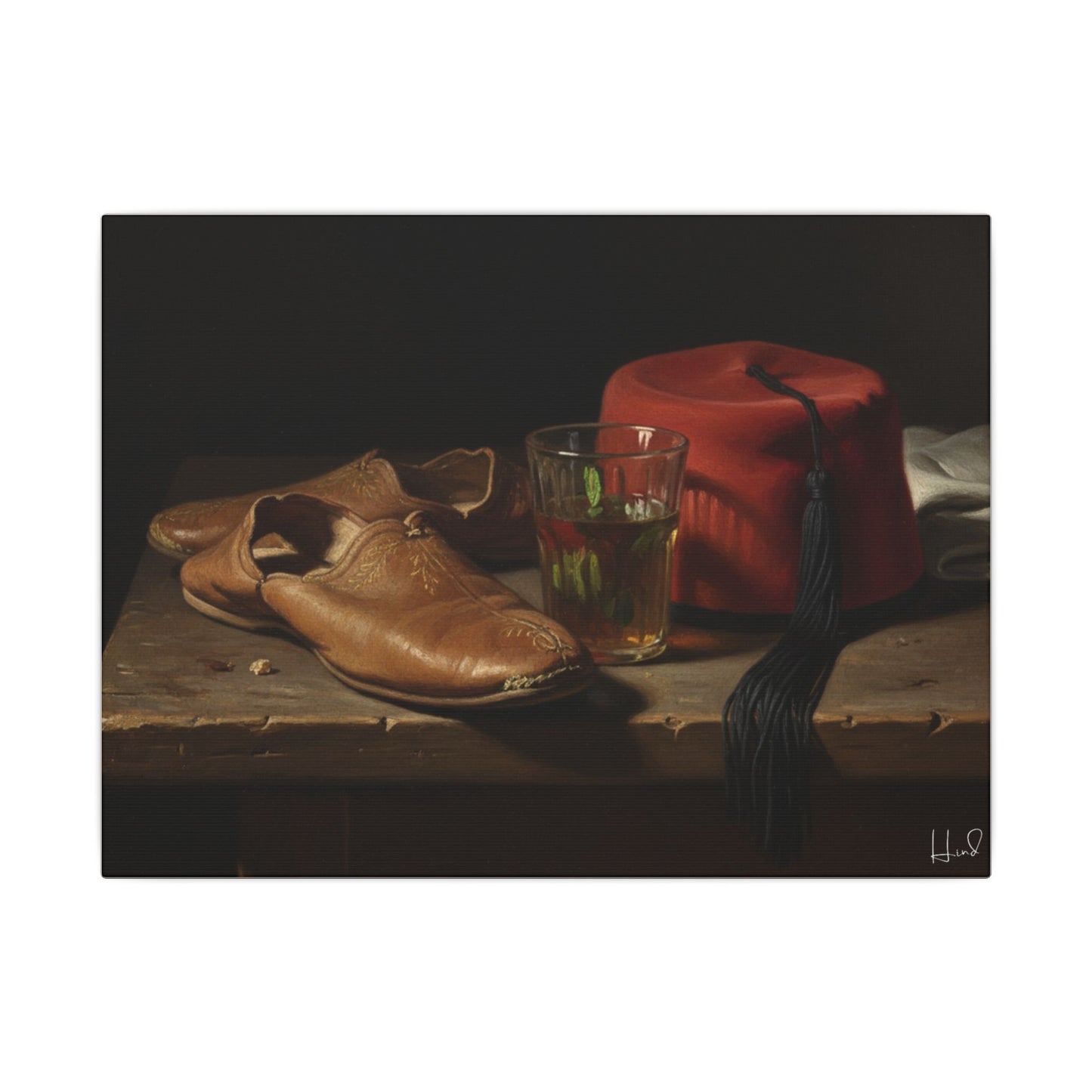 Still Life Canvas Print — Leather Shoes & Red Fez Wall Art