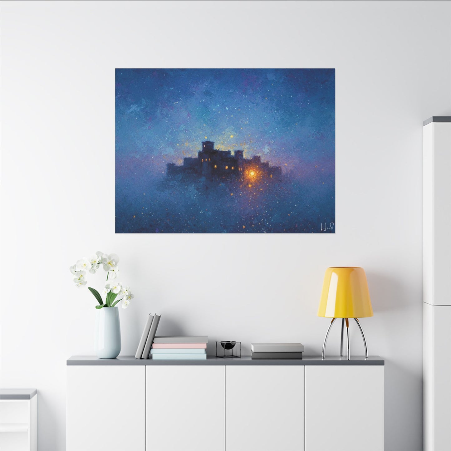 Tableau sur toile mate « Forteresse de la Nuit Étoilée » — Paysage mystique de château bleu