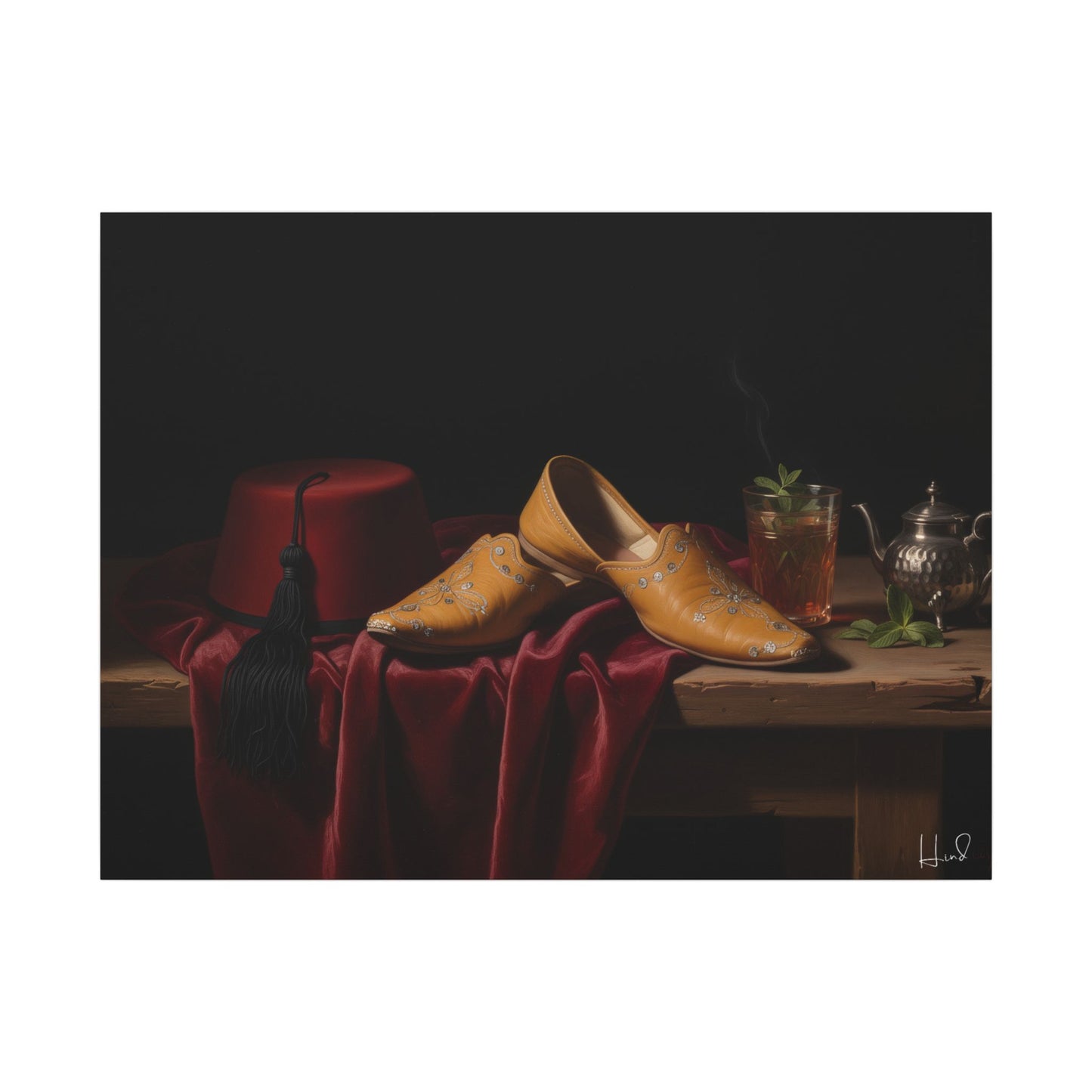 Nature morte sur toile — Chaussures en cuir et fez, décoration murale