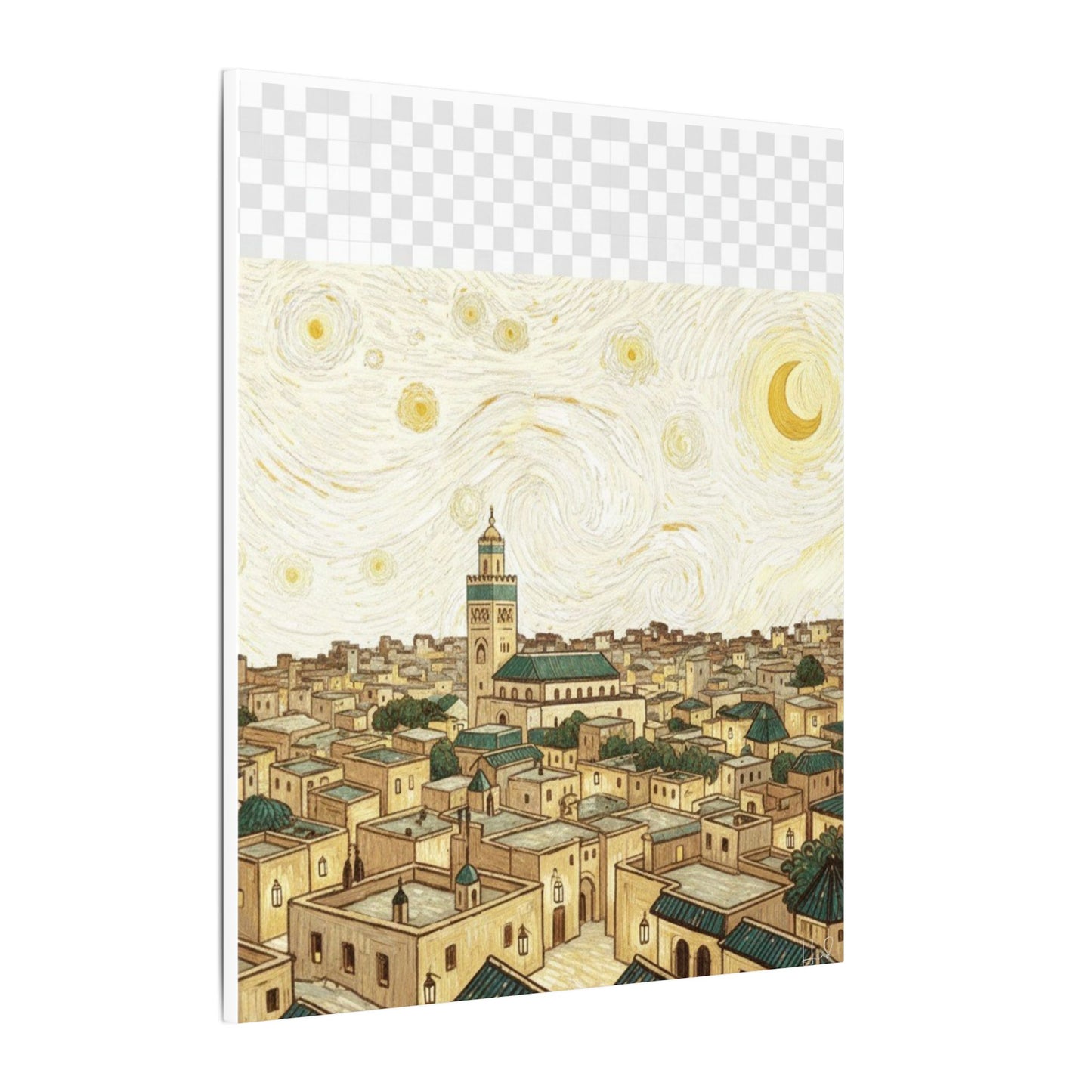 Moroccan Cityscape Canvas Print — Starry Night-Inspired Mosque Wall Art