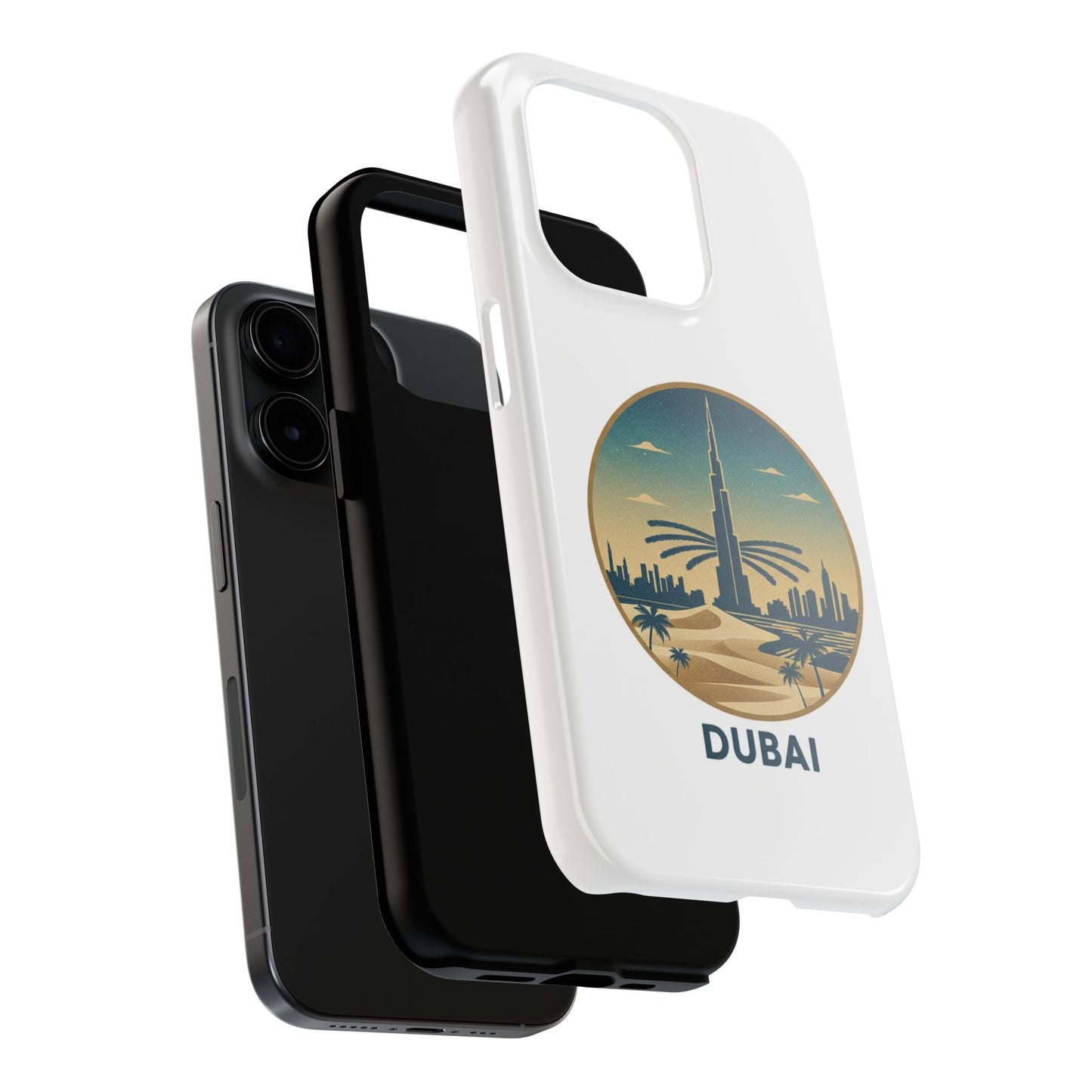 Coque de téléphone résistante motif skyline de Dubaï — Étui de voyage rétro palmiers du désert