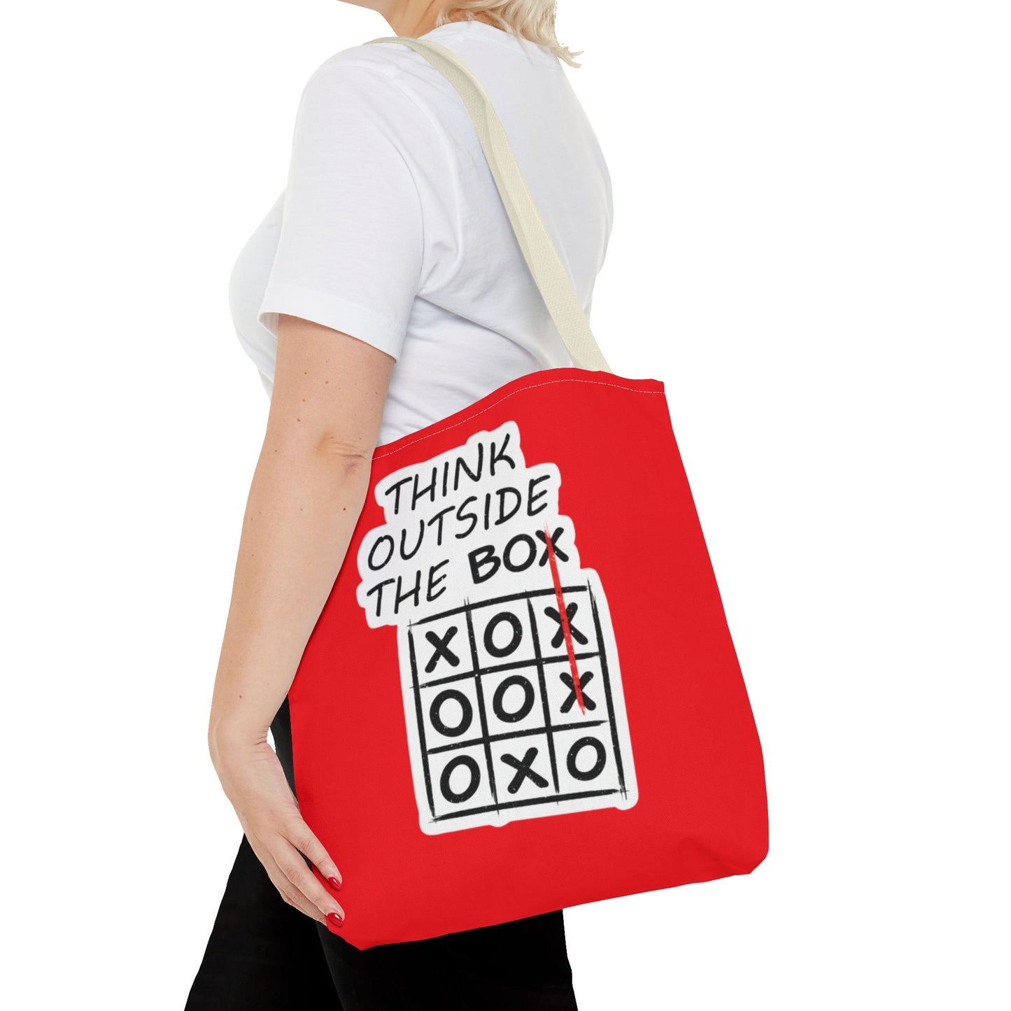 Think Outside the Box Tote Bag — Red Tic-Tac-Toe Motivational Canvas Tote