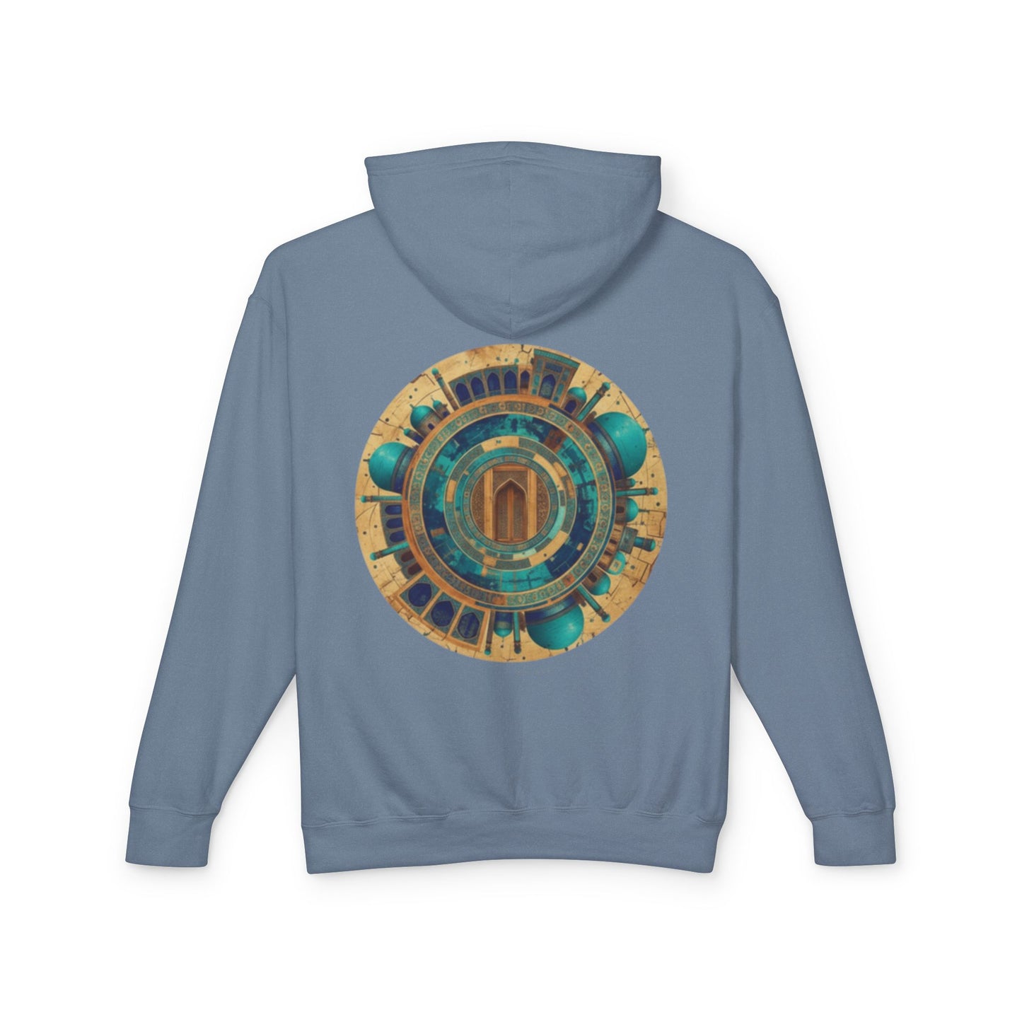 Hoodie — Vintage Teal & Gold Circular Architectural Graphic Hooded Sweatshirt