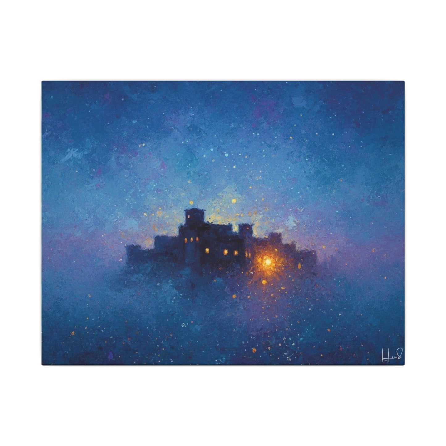 Tableau sur toile mate « Forteresse de la Nuit Étoilée » — Paysage mystique de château bleu