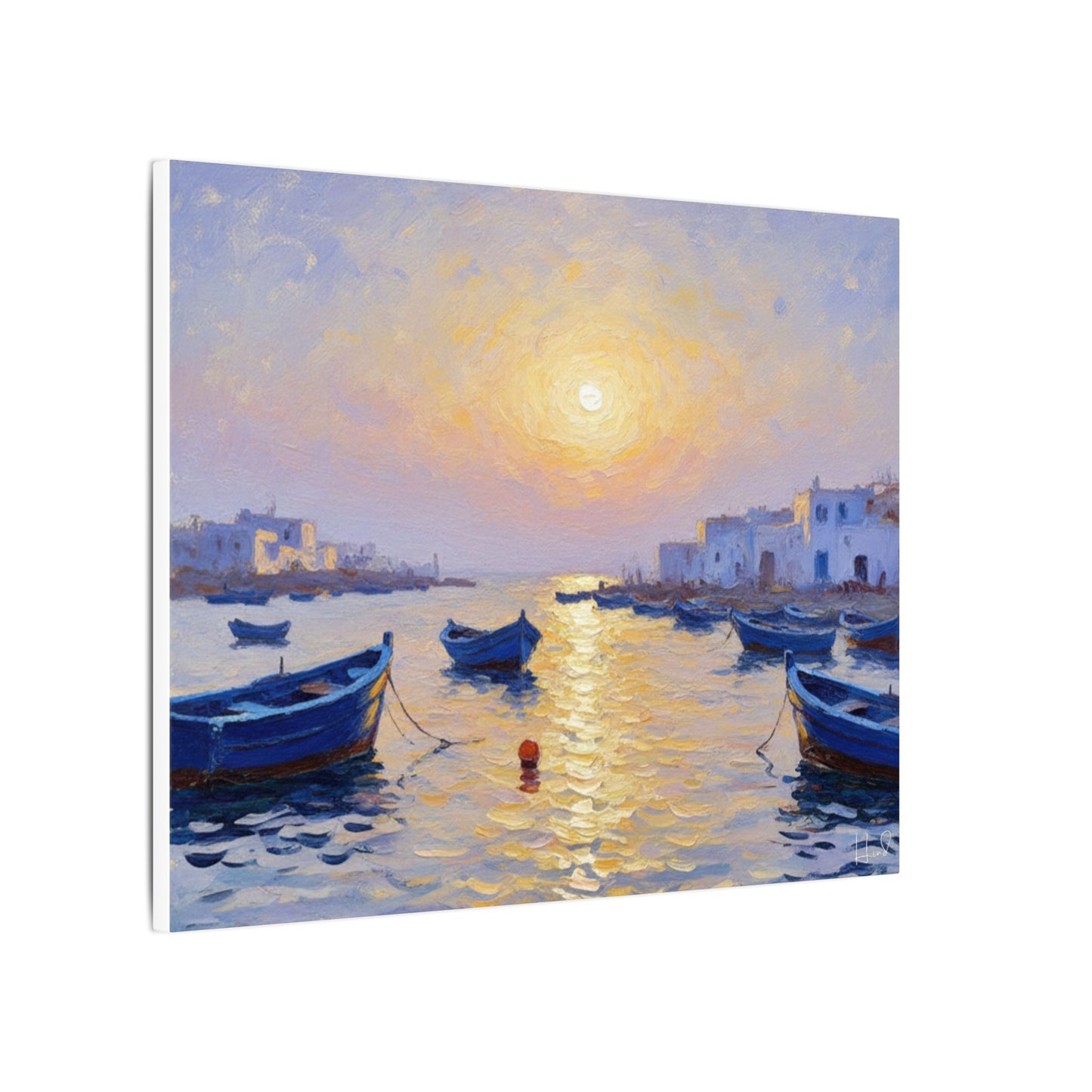 Seaside Sunset Canvas Print — Boats on Tranquil Harbor Wall Art
