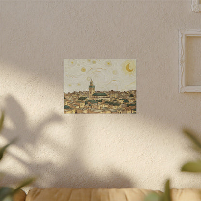 Moroccan Cityscape Canvas Print — Starry Night-Inspired Mosque Wall Art