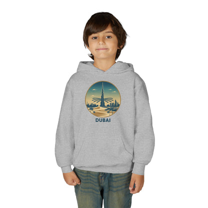 Dubai Skyline Youth Hoodie — Retro Desert Sunset Travel Sweatshirt
