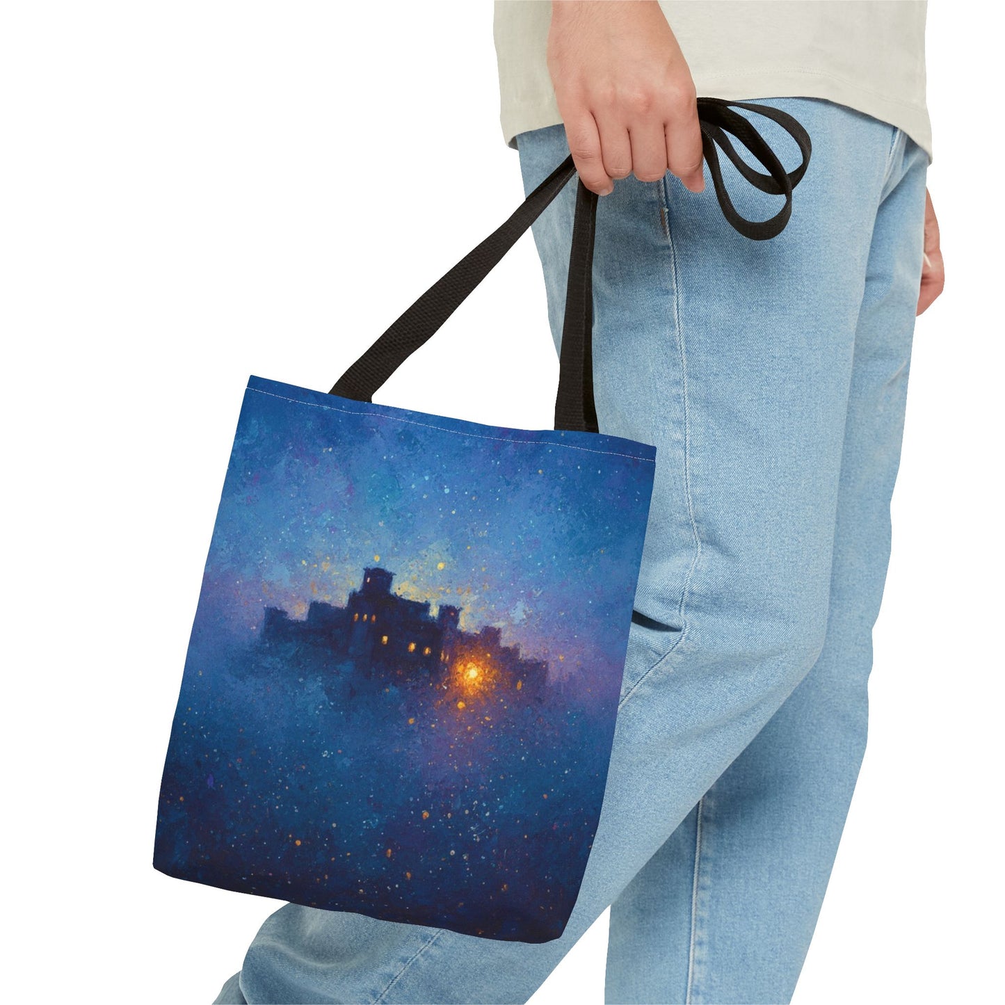 Starry Night Castle Tote Bag — Mystical Galaxy Scene All-Over Print