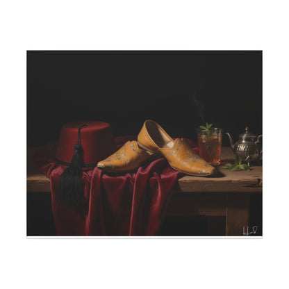 Nature morte sur toile — Chaussures en cuir et fez, décoration murale