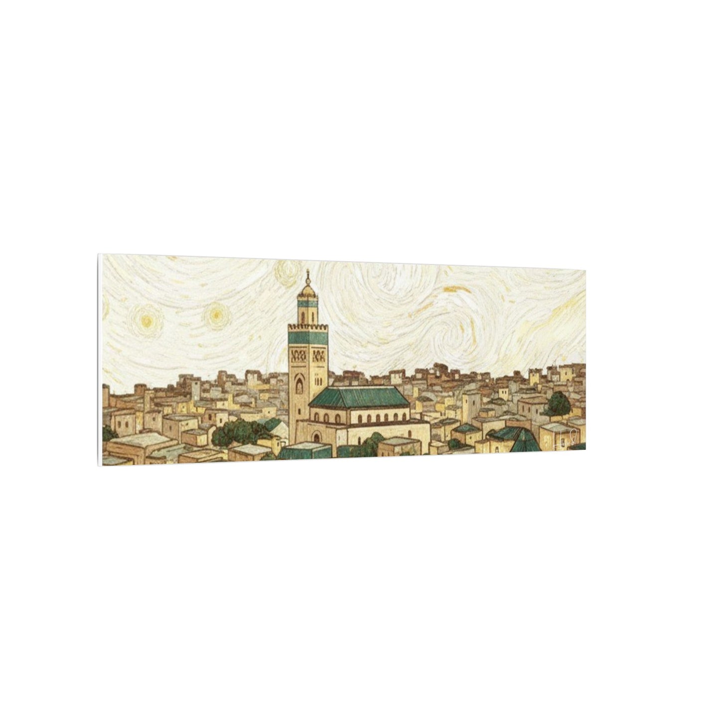 Moroccan Cityscape Canvas Print — Starry Night-Inspired Mosque Wall Art