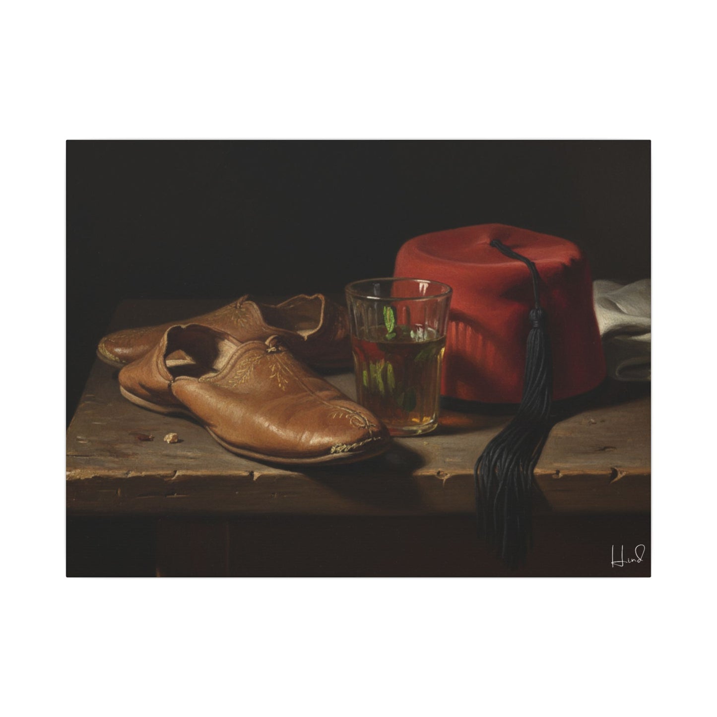 Still Life Canvas Print — Leather Shoes & Red Fez Wall Art