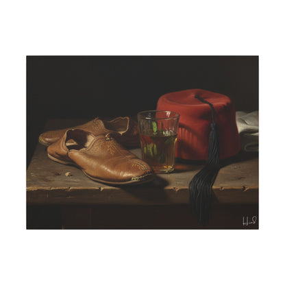 Still Life Canvas Print — Leather Shoes & Red Fez Wall Art