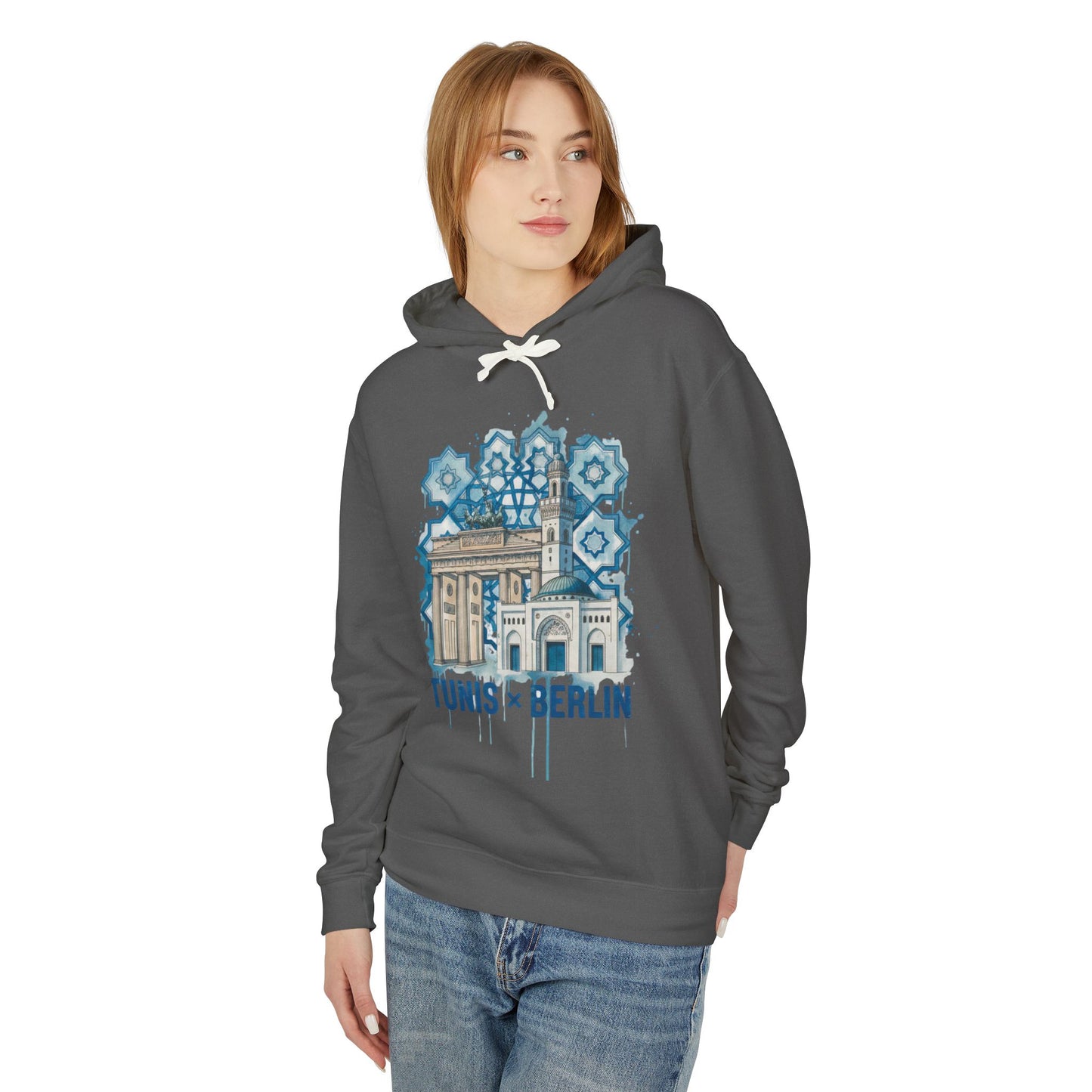 Tunis × Berlin Hoodie — Travel Mashup Graphic Hooded Sweatshirt
